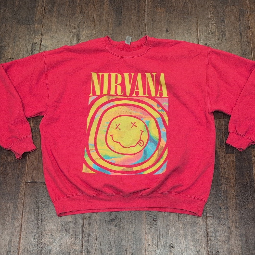 Nirvana Smiley Face Tie Dye Graphic Crewneck Sweatshirt Adult XL Pink Yellow